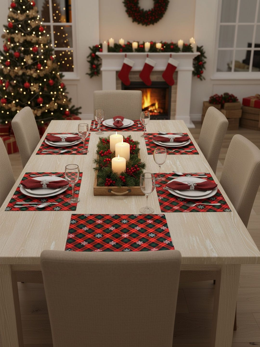 PRAKARTIK 6Pcs Red & Green Christmas Theme Printed Rectangle Table Placemats