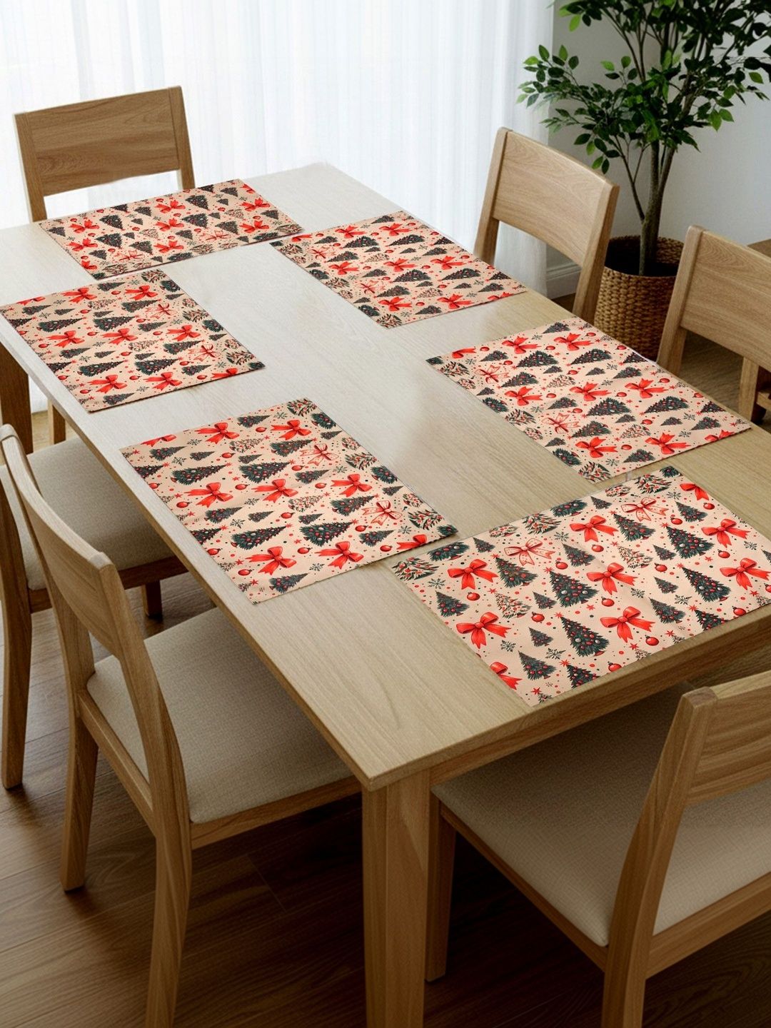 PRAKARTIK 6Pcs Red & Cream-Colored Christmas Tree Printed Rectangle Table Placemats