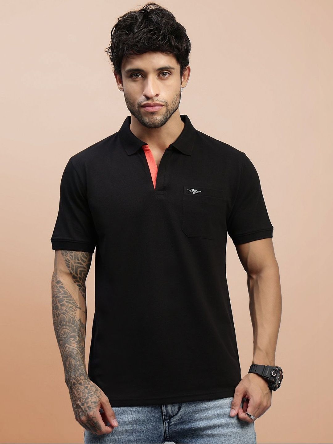 LUX VENUS Men Brand Logo Polo Collar Pockets T-shirt