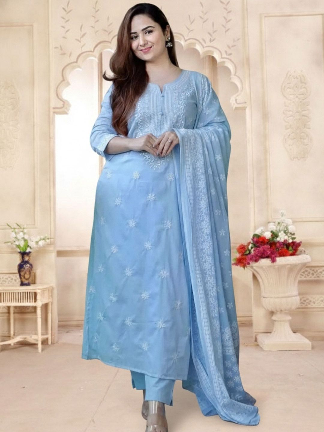 HERE&NOW Women Ethnic Motifs Embroidered Regular Chikankari Kurta with Trousers & With Dupatta