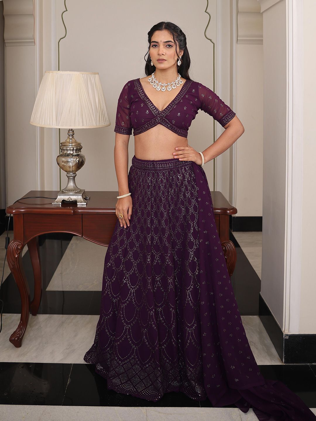 KALINI Embellished Sequinned Semi-Stitched Lehenga & Blouse With Dupatta