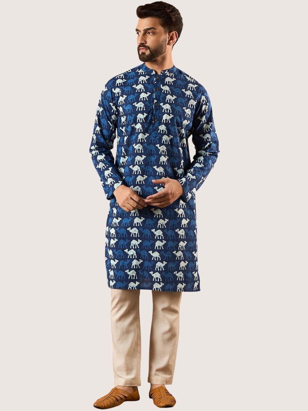 Anouk Rustic Men Floral Printed Flared Sleeves Thread Work Kurta