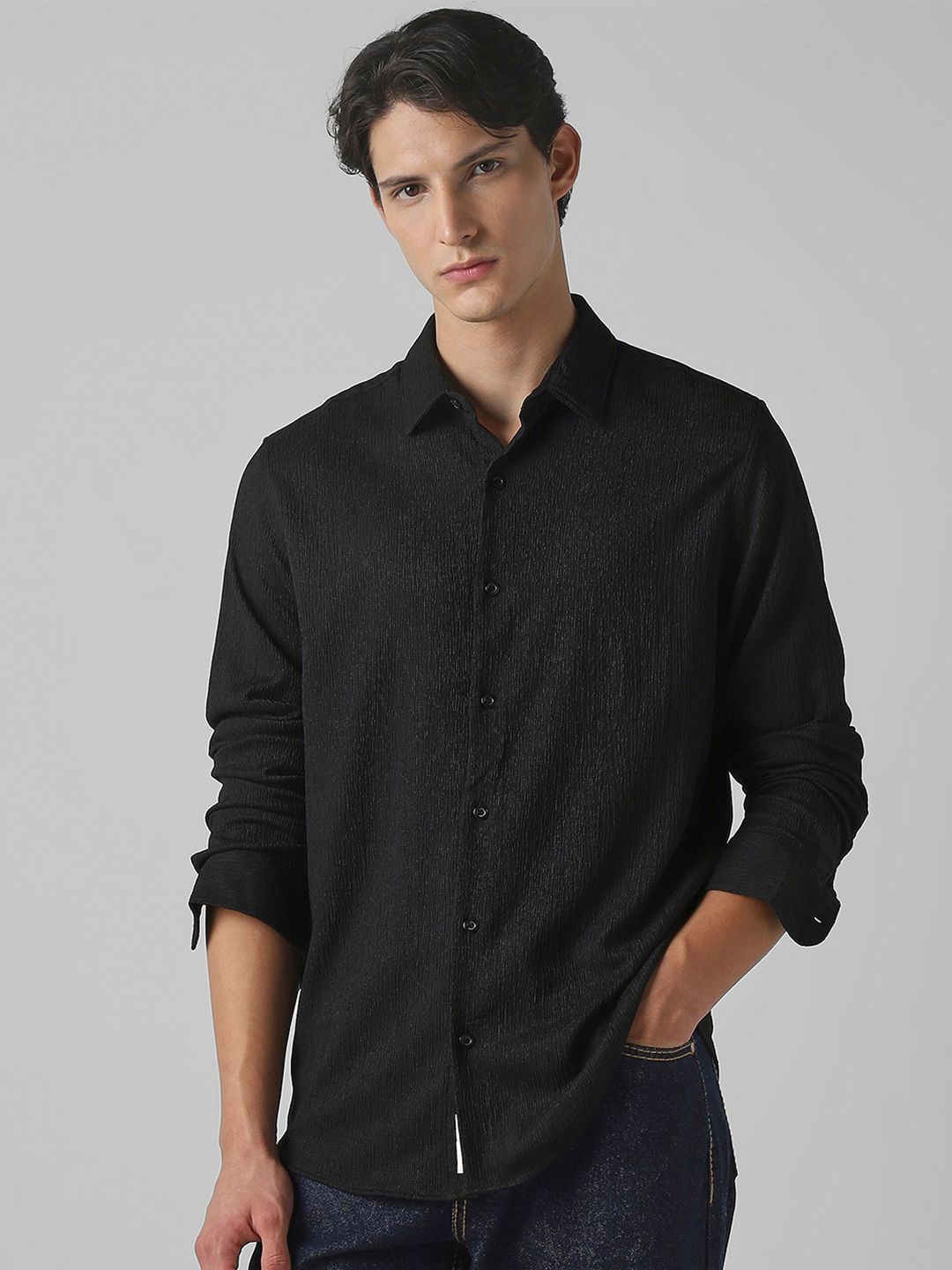 Mufti Men Slim Fit Solid Spread Collar Cotton Casual Shirt