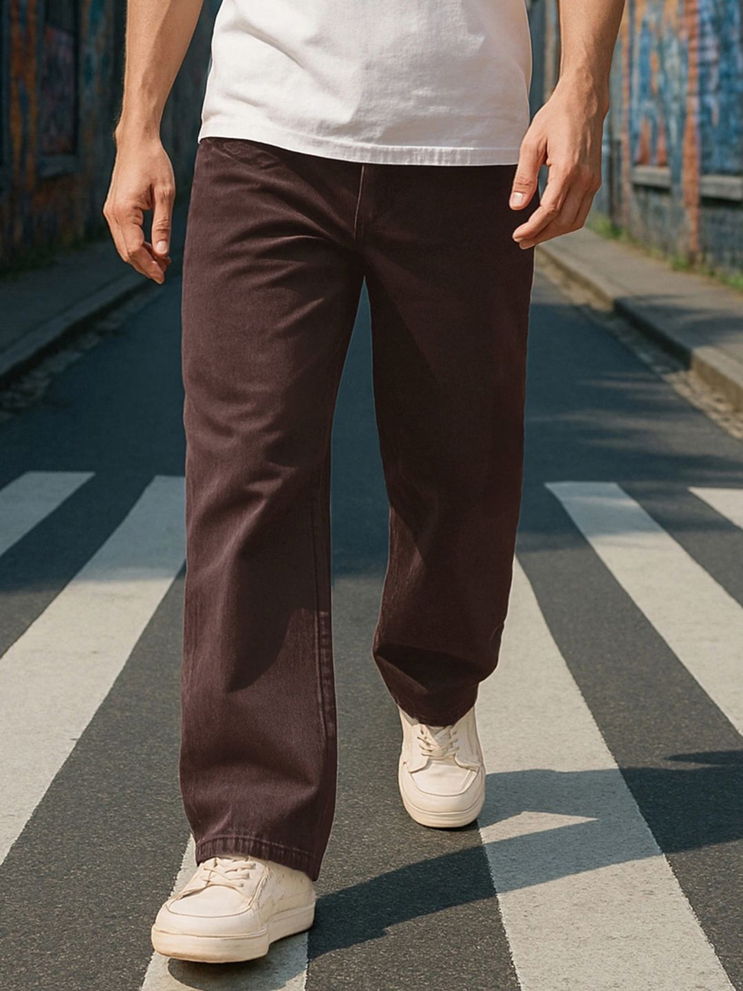 Bewakoof Men Brown Baggy High-Rise Straight Fit Jeans