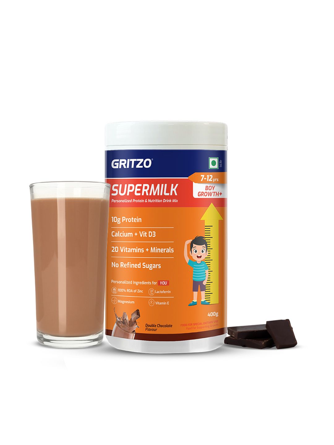 Gritzo Gritzo SuperMilk Growth+ 7-12 Boys Protein Powder 400g Double Chocolate