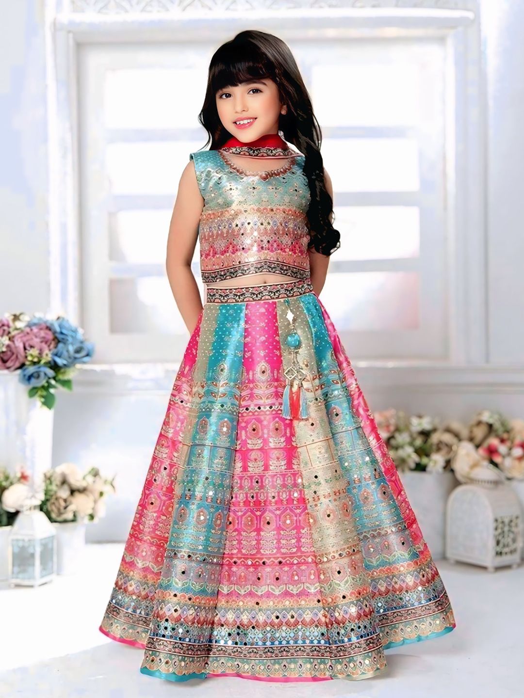 SK DRESSES Girls Embellished Mirror Work Ready to Wear Lehenga & Blouse With Dupatta