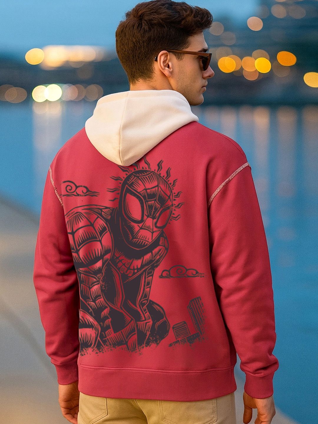 Bewakoof Men's Salsa Red Spiderman Oriental Graphic Printed Oversized Hoodie