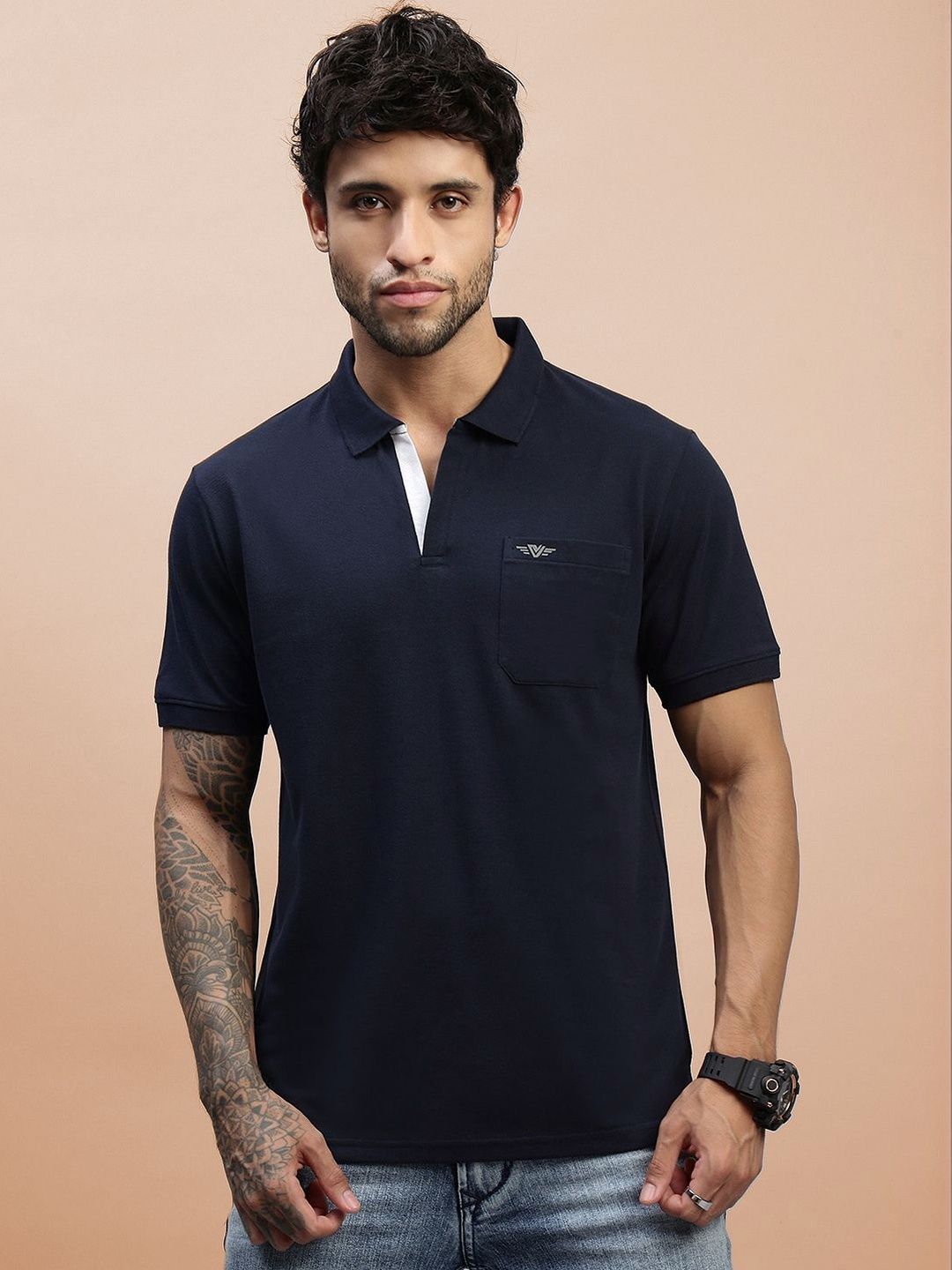 LUX VENUS Men Brand Logo Polo Collar Pockets T-shirt