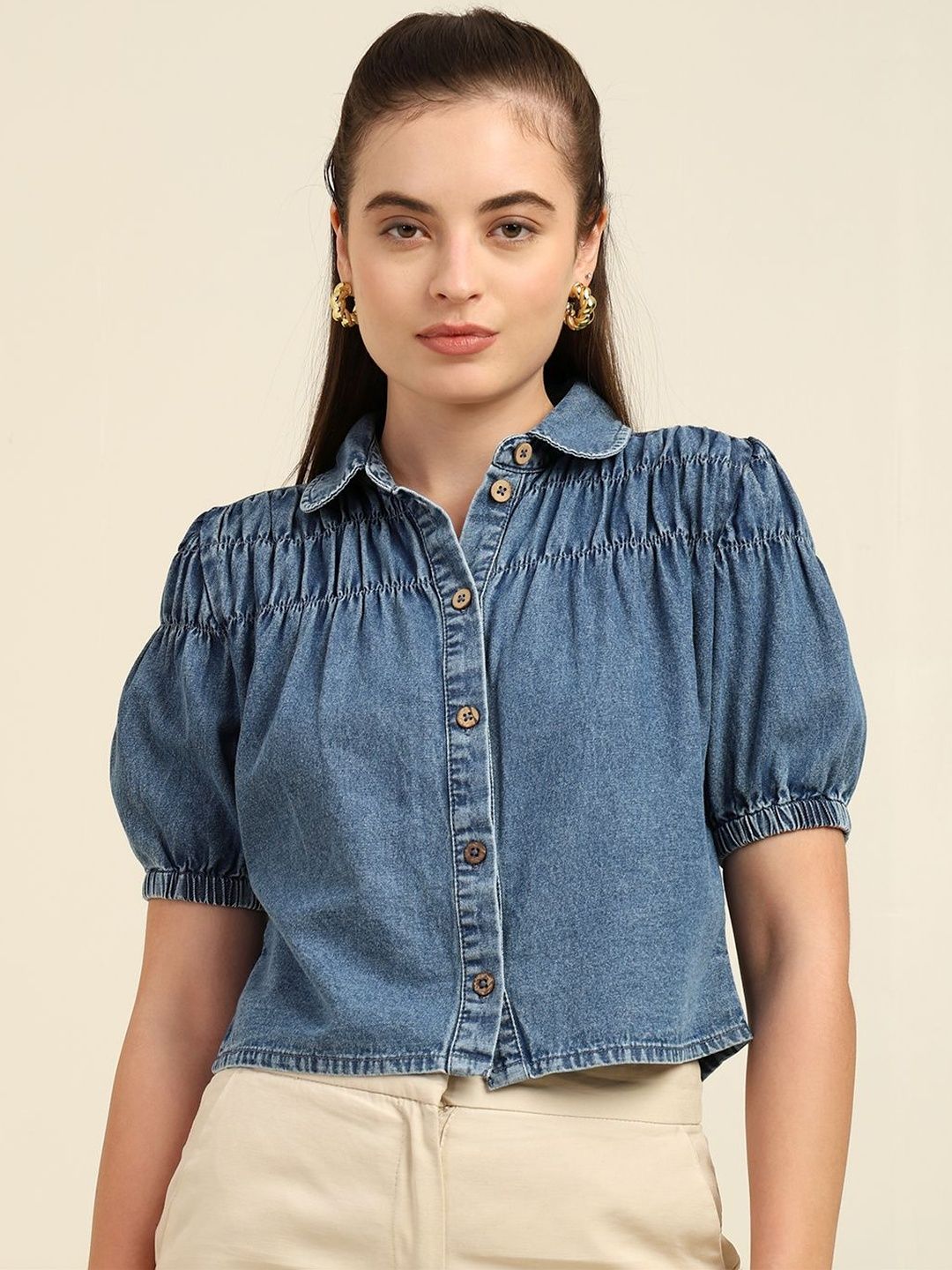 Ameri♡ DENIM LIKE BALLOON SLEEVE CUT TOP Buy 7OUNCE Puff Sleeve Denim Crop Top - Tops for Women 38605187