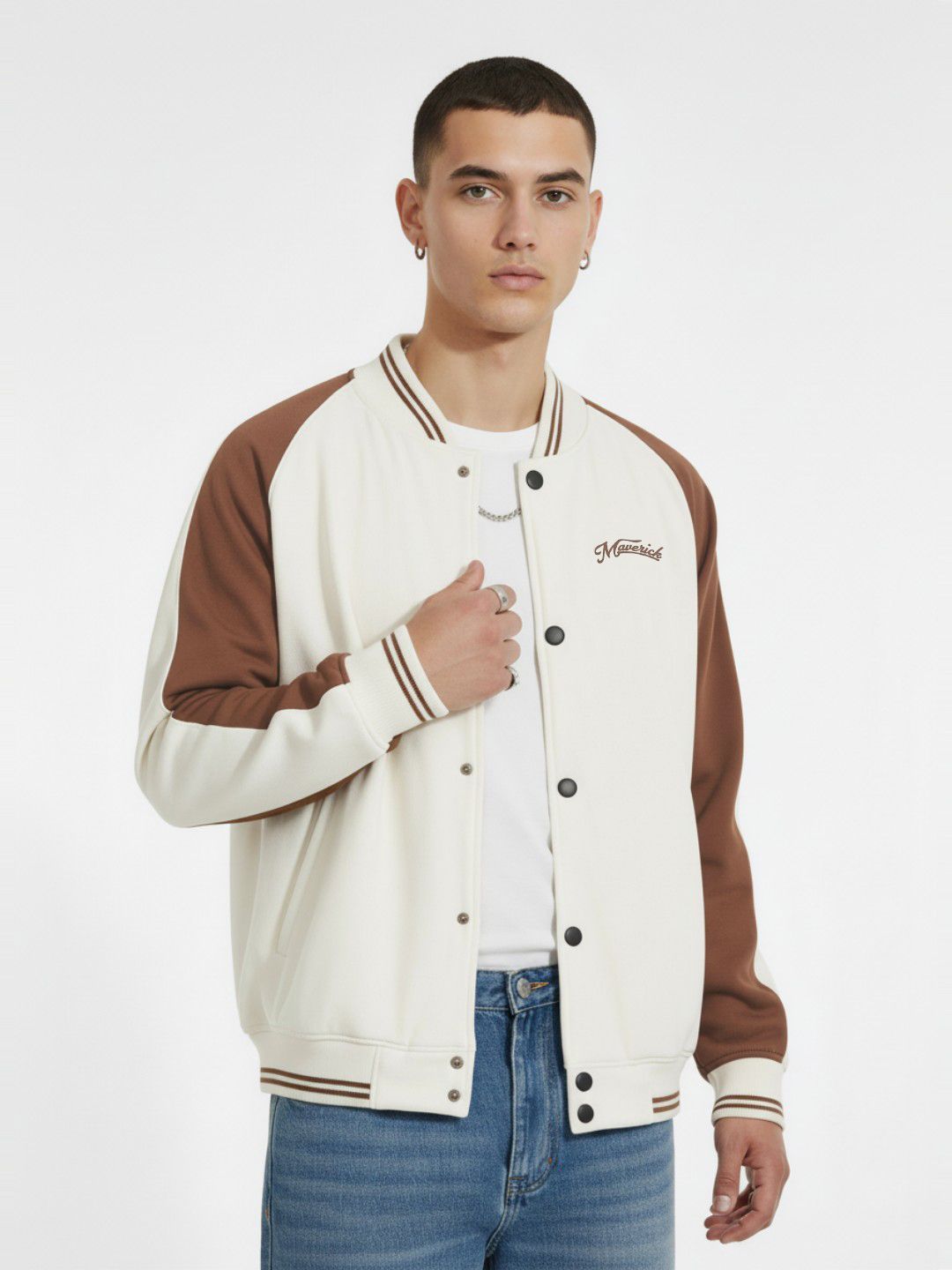 glitchez Stand Collar Fleece Relaxed Fit Varsity Jacket