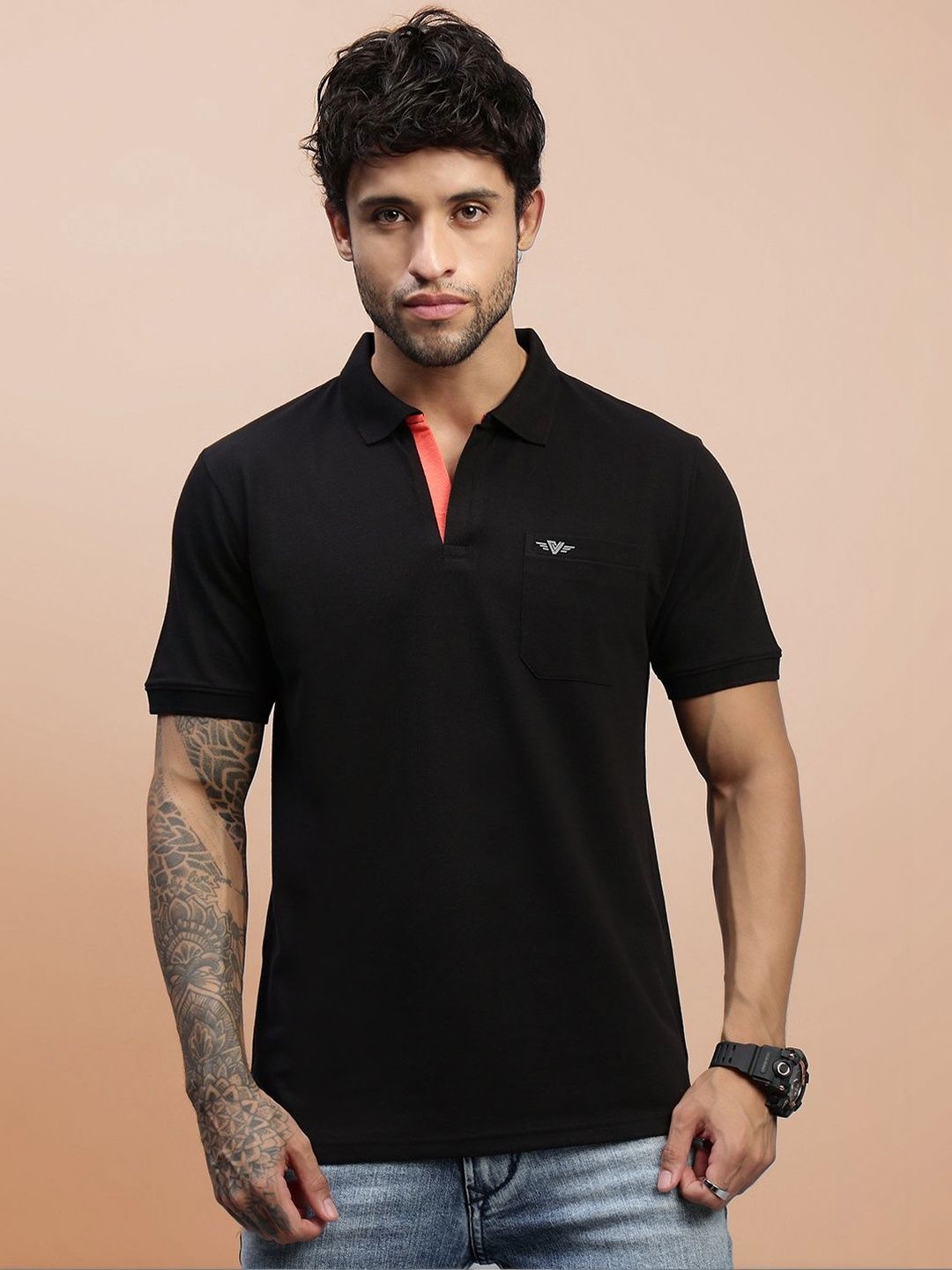 LUX VENUS Men Brand Logo Polo Collar Pockets T-shirt