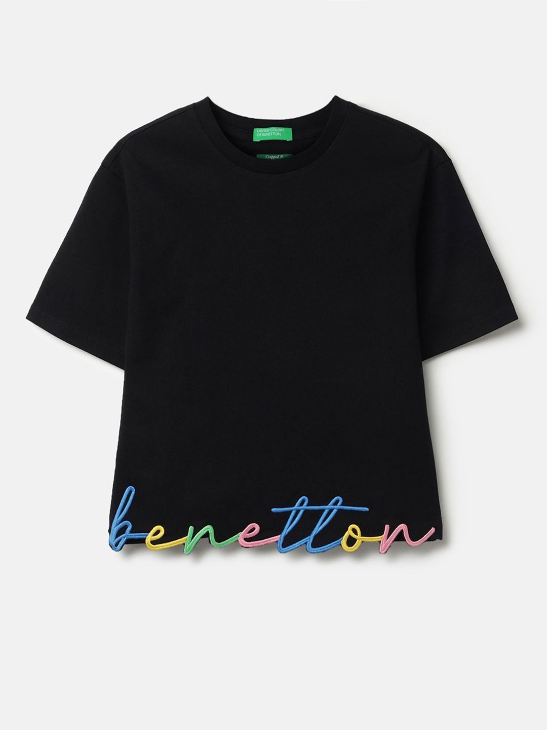 United Colors of Benetton, Tricou de bumbac cu imprimeu logo, Negru, Portocaliu mandarina, 140 CM