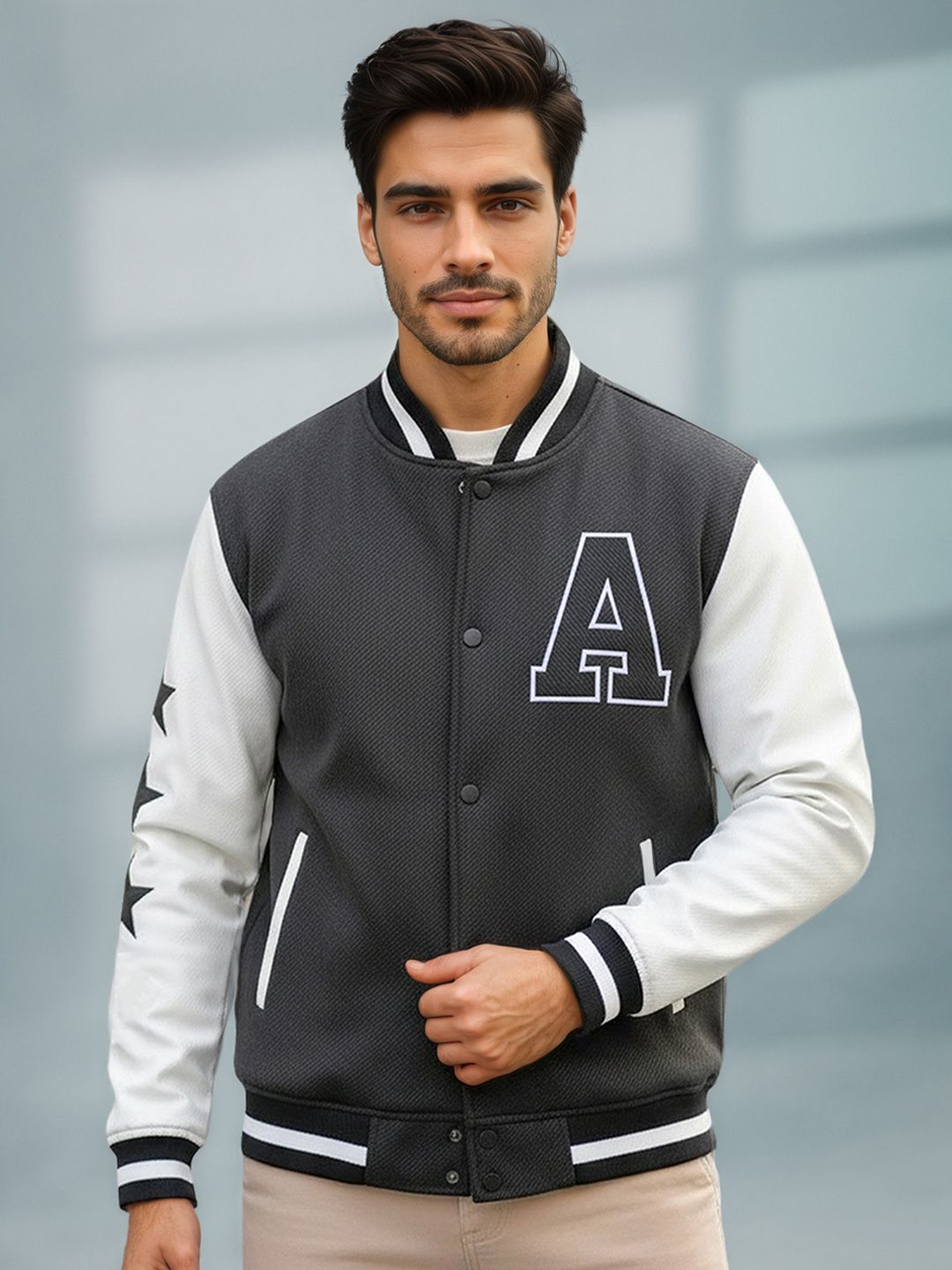 The Roadster Lifestyle Co Self Design Mandarin Collar Varsity Jacket