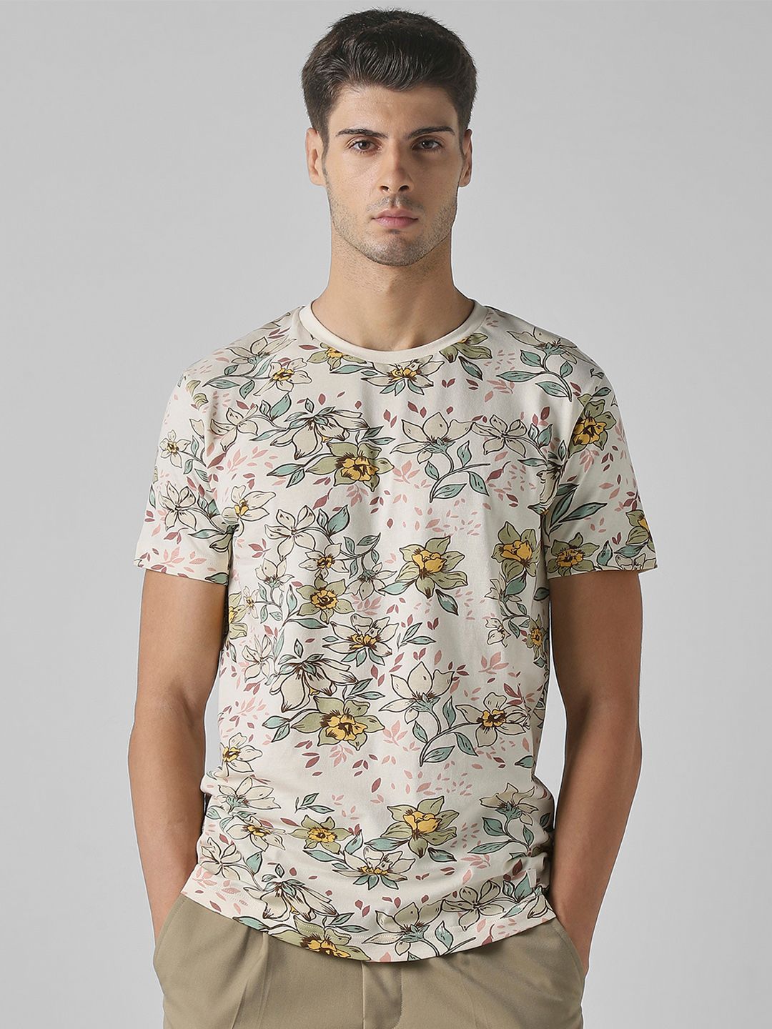 Mufti Floral Printed Slim Fit Cotton T-shirt