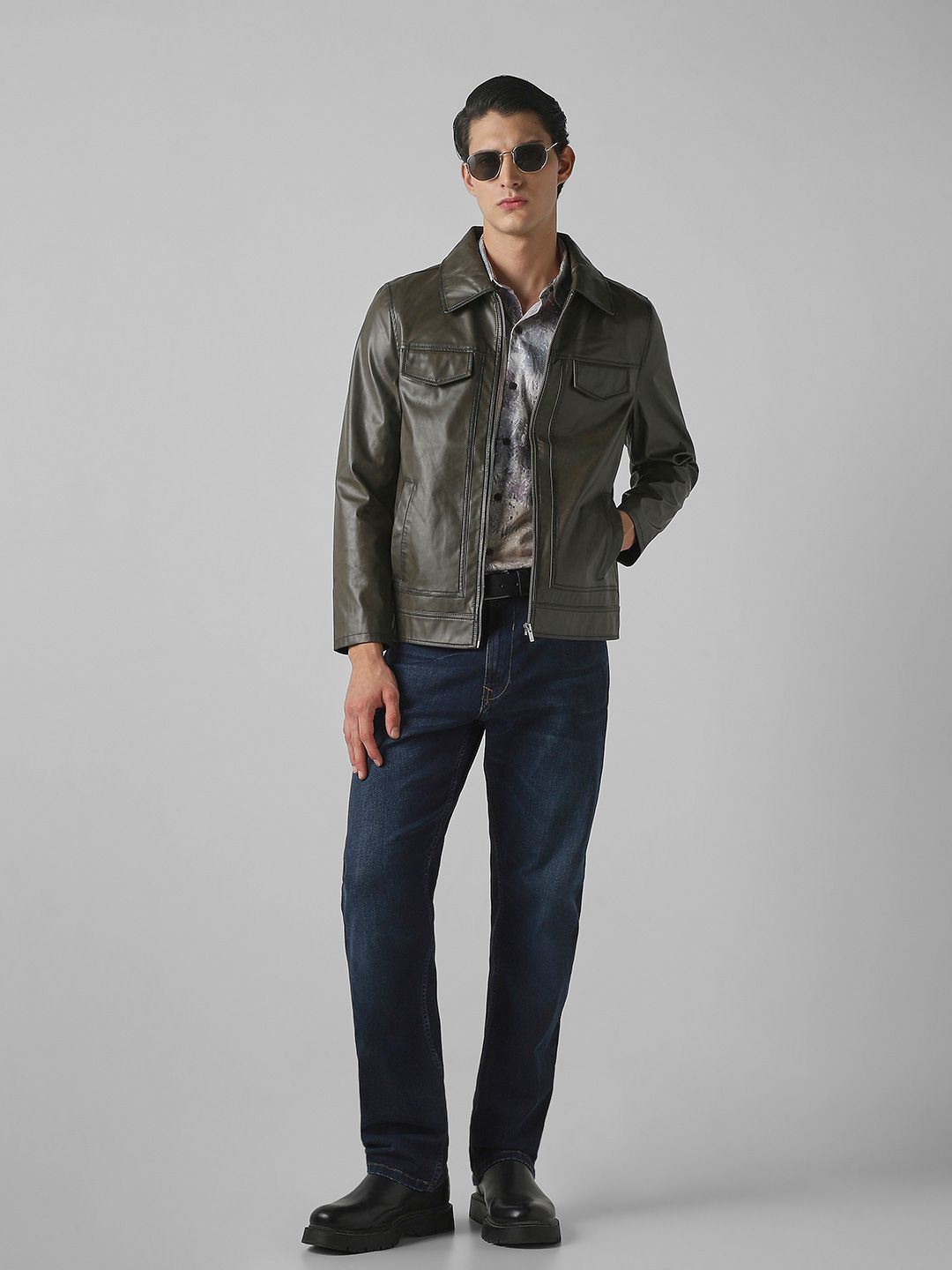 Mufti Spread Collar Leather Jacket