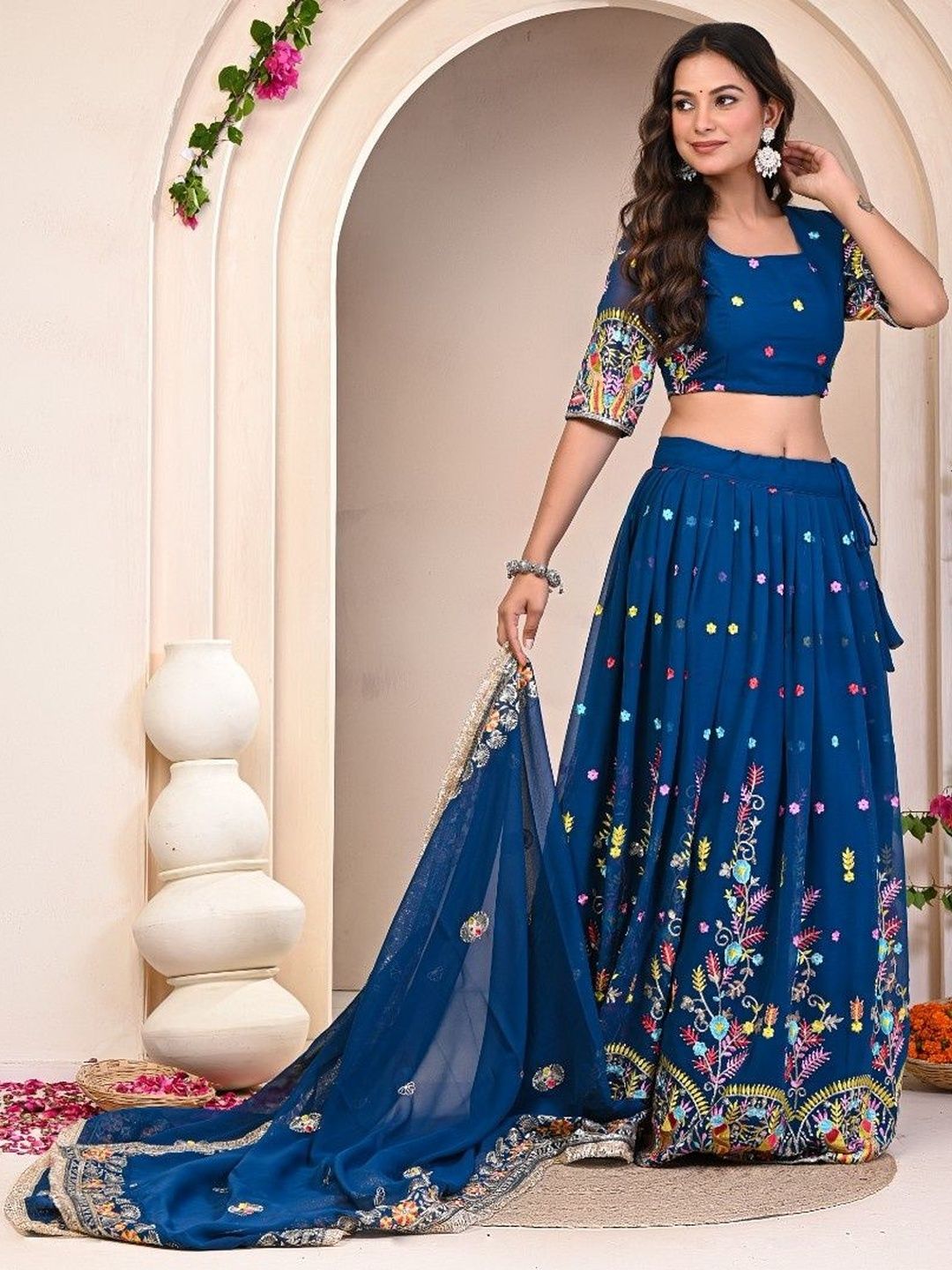 Futra Gabha Embroidered Thread Work Ready To Wear Lehenga & Blouse With Dupatta