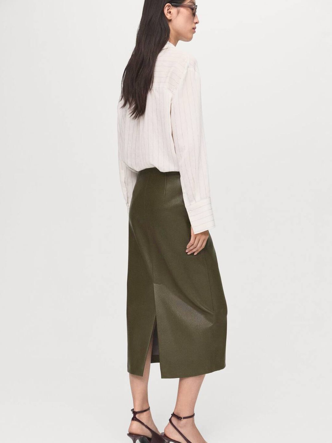 High Waist Faux Leather Paneled Midi Straight Skirt