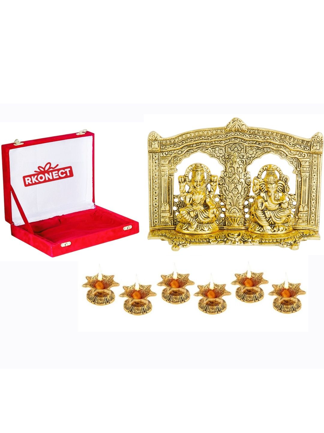 RKONECT Gold-Toned 7 Pieces Laxmi Ganesh & Diya Home Gift Set