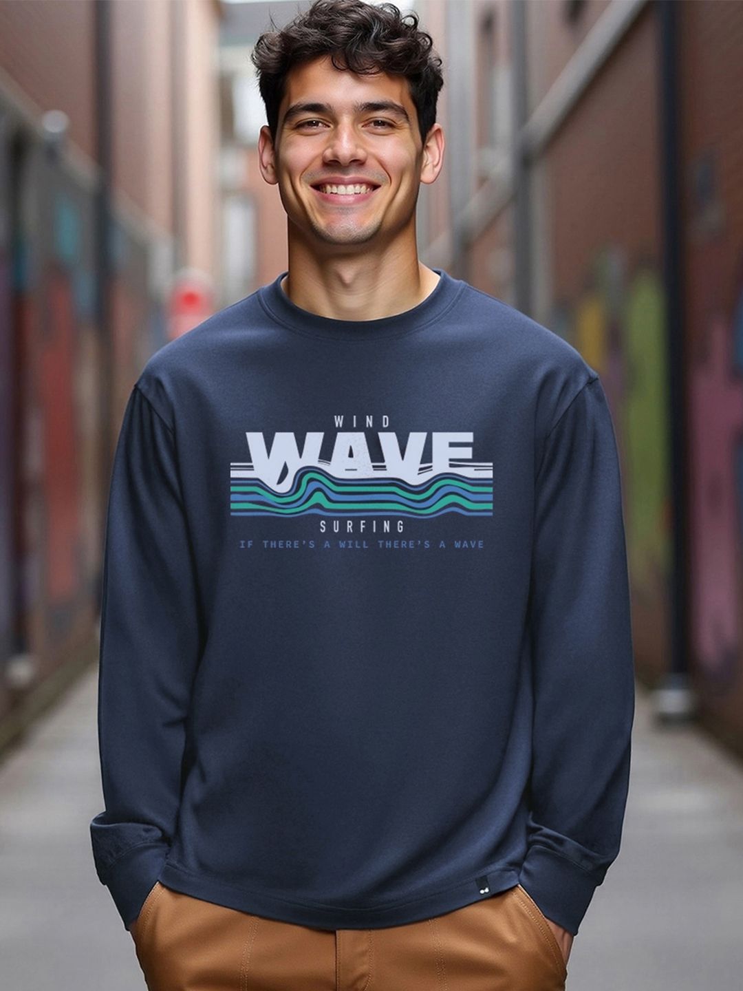 Bewakoof Men Navy Blue Wind Wave Typography Oversized T-shirt