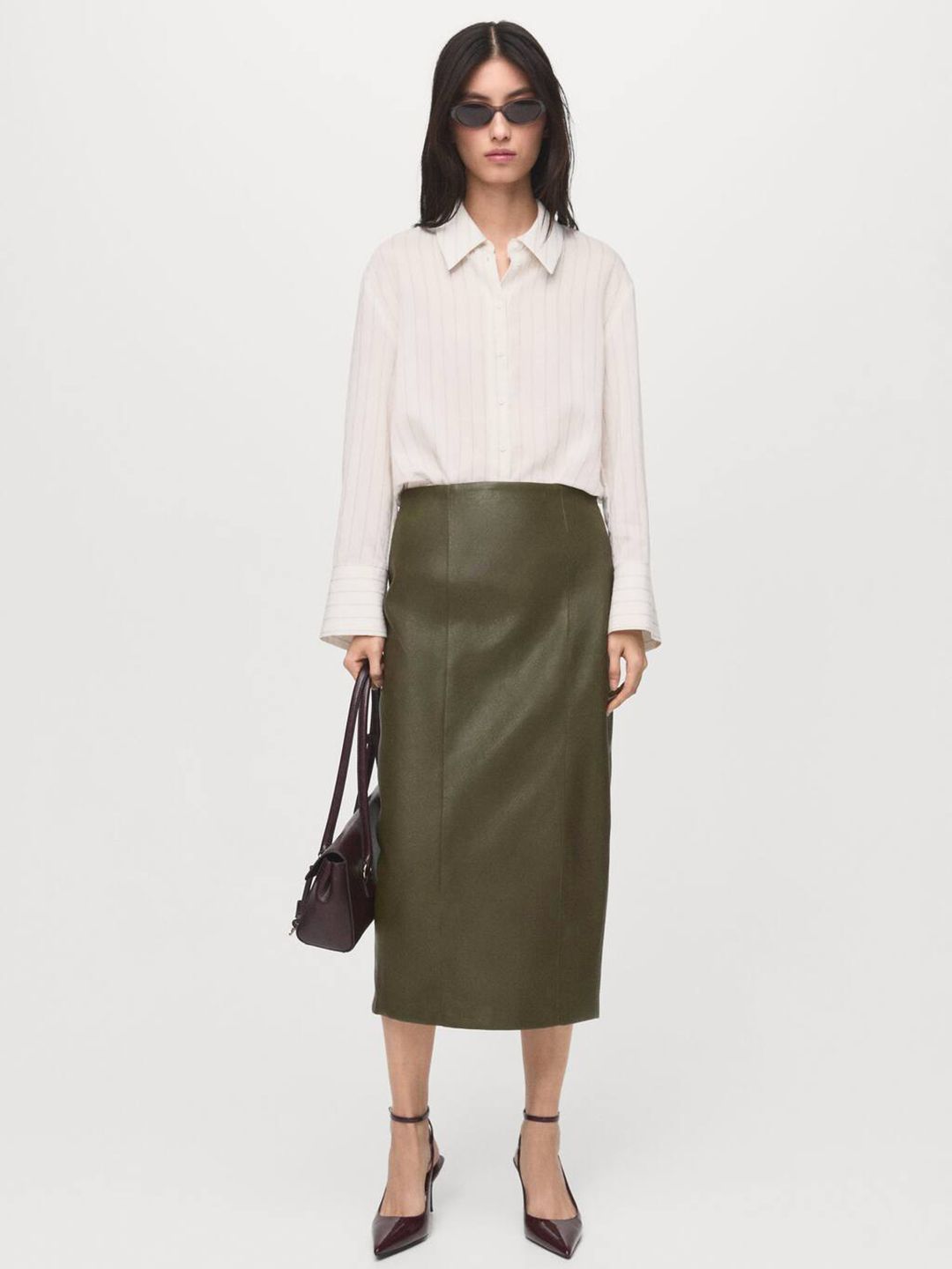 High Waist Faux Leather Paneled Midi Straight Skirt