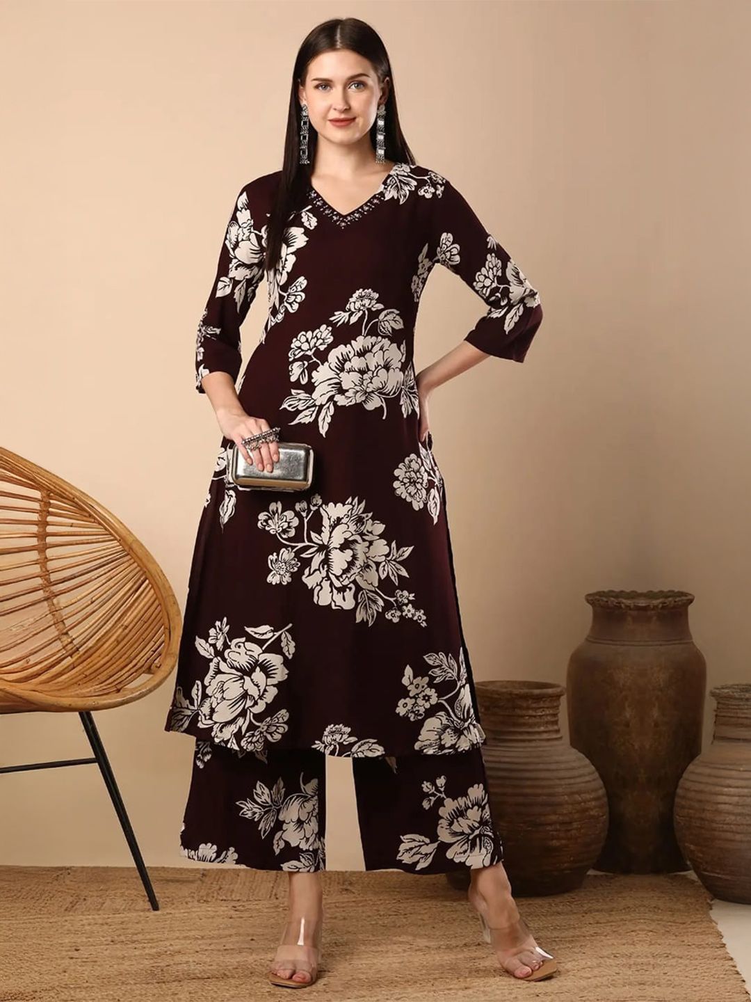 Subh LAXMI V Neck Printed Kurta With Printed Palazzos Co-Ords