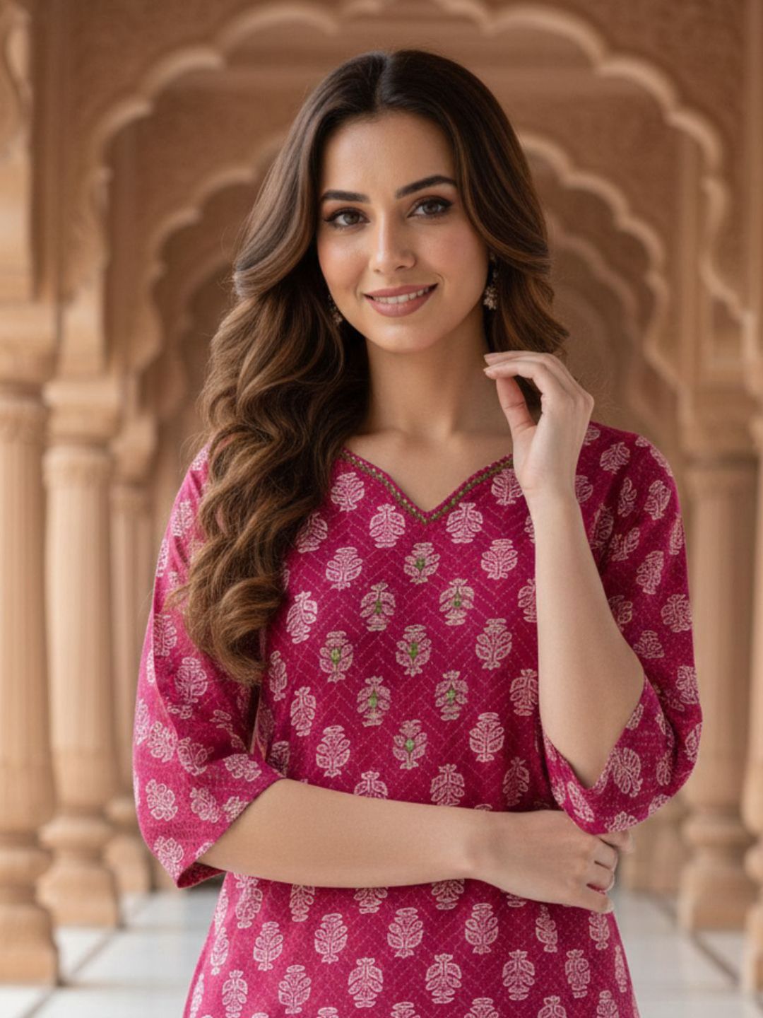 OZIA Ethnic Motifs Printed V-Neck Pure Cotton Kurti