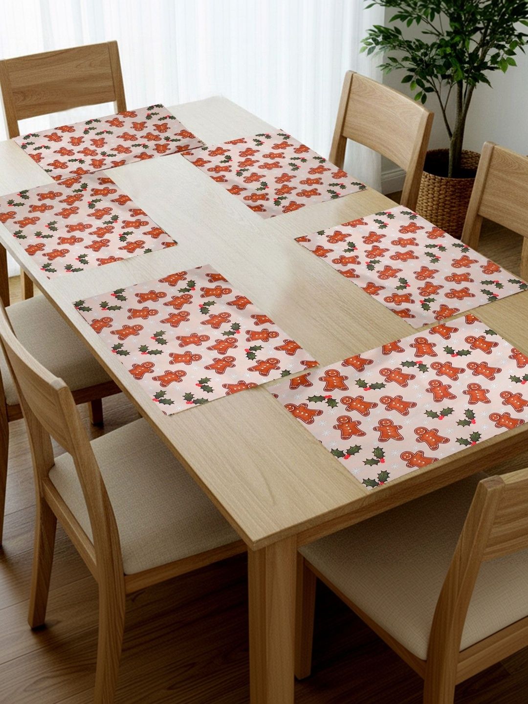 PRAKARTIK 6Pcs Cream-Colored & Brown Printed Rectangle Table Placemats