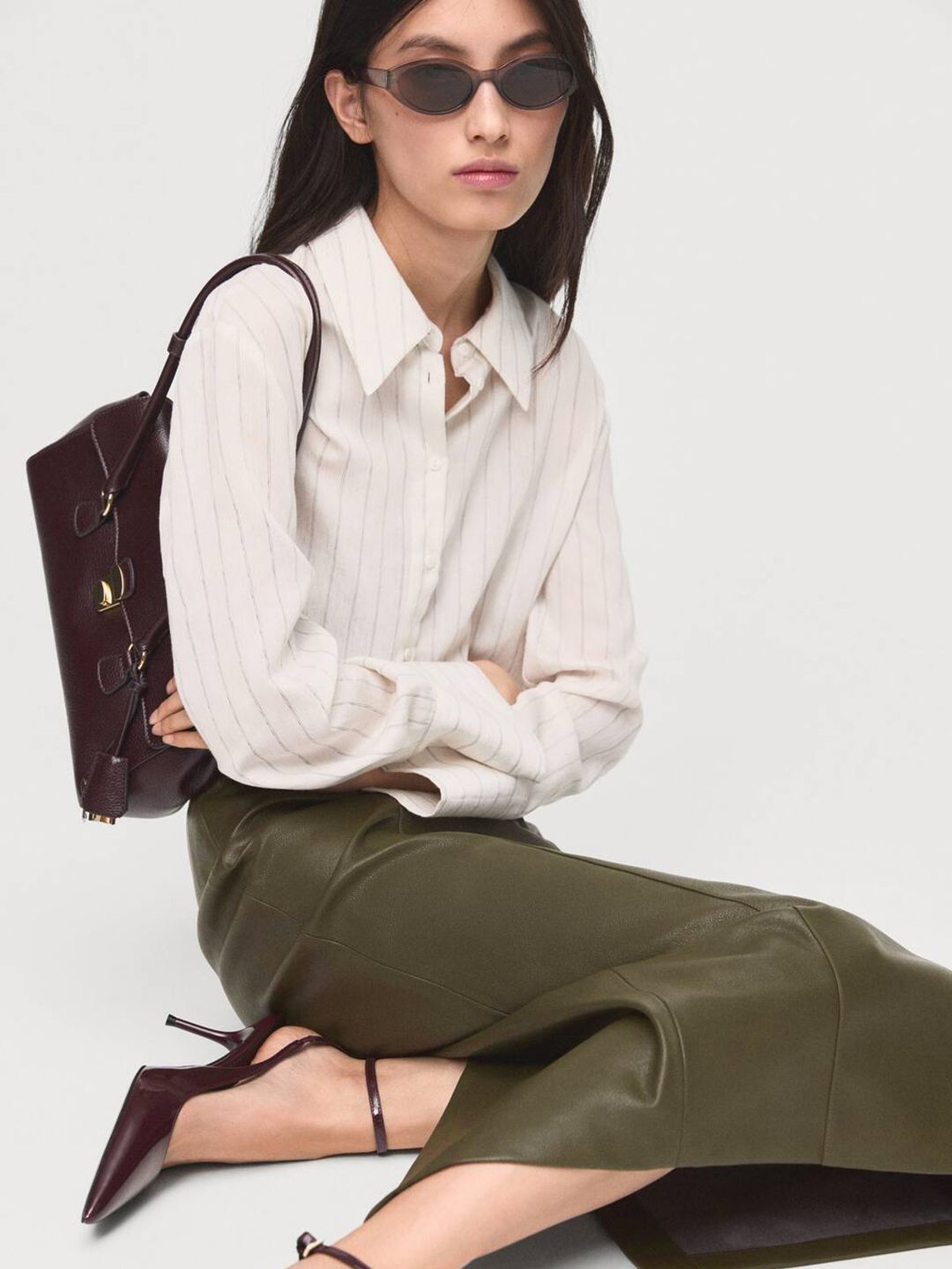 High Waist Faux Leather Paneled Midi Straight Skirt