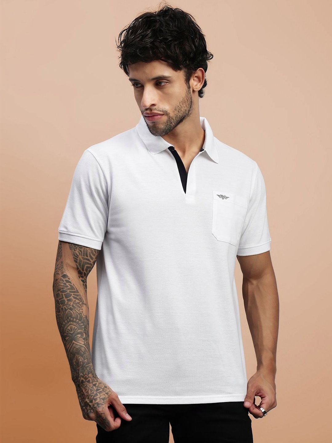 LUX VENUS Men Brand Logo Polo Collar Pockets T-shirt