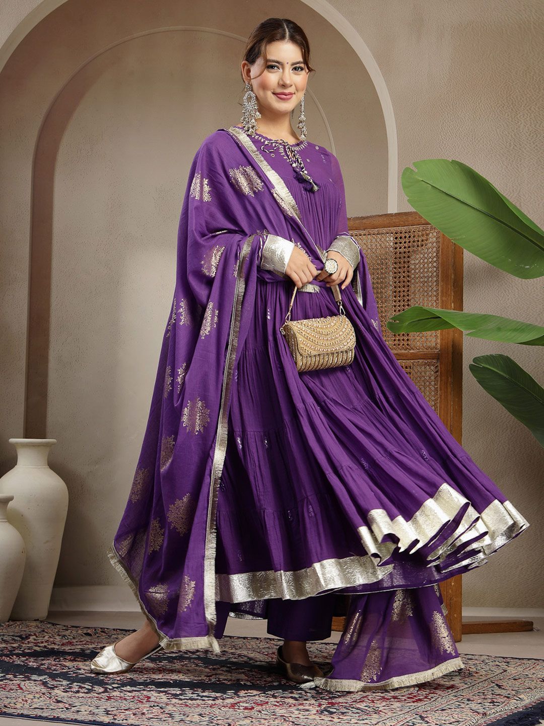 Anouk Women Embroidered Tiered Mirror Work Pure Cotton Kurta with Palazzos & With Dupatta