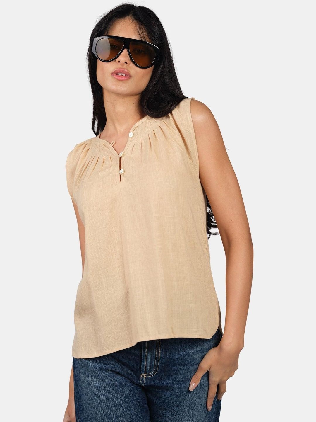 Top Solid Virgio Women Solid Viscose Round Neck Sleeveless Top with Side Slit