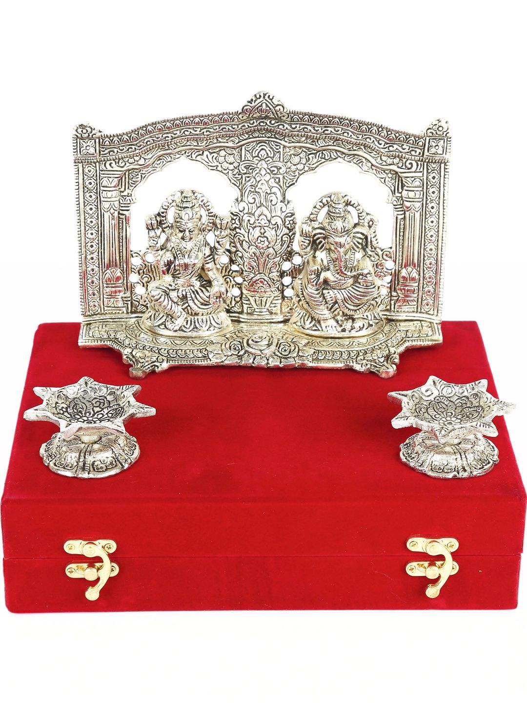 RKONECT Silver-Toned 3 Piece Laxmi Ganesha With Diya Gift Set