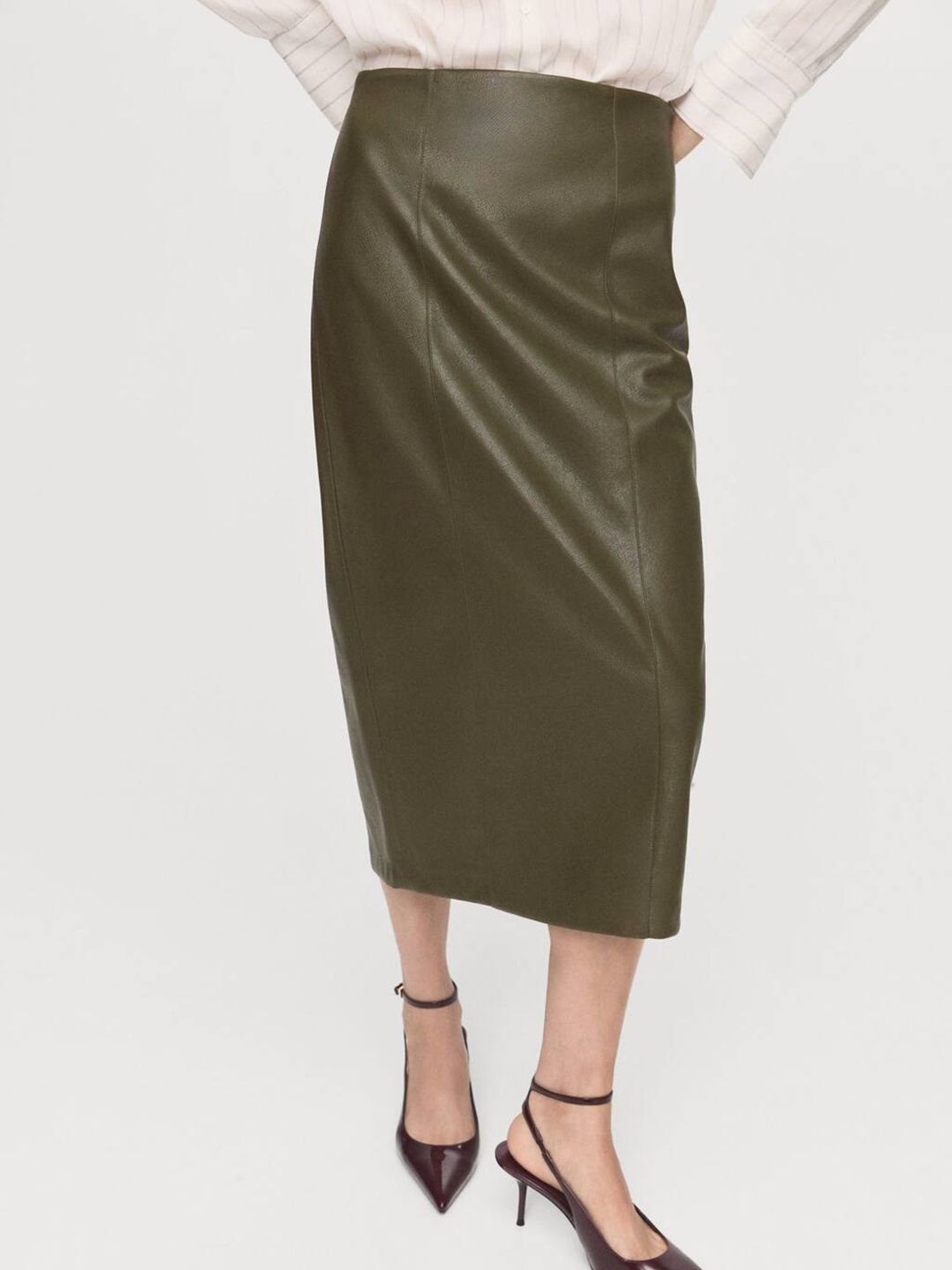 High Waist Faux Leather Paneled Midi Straight Skirt