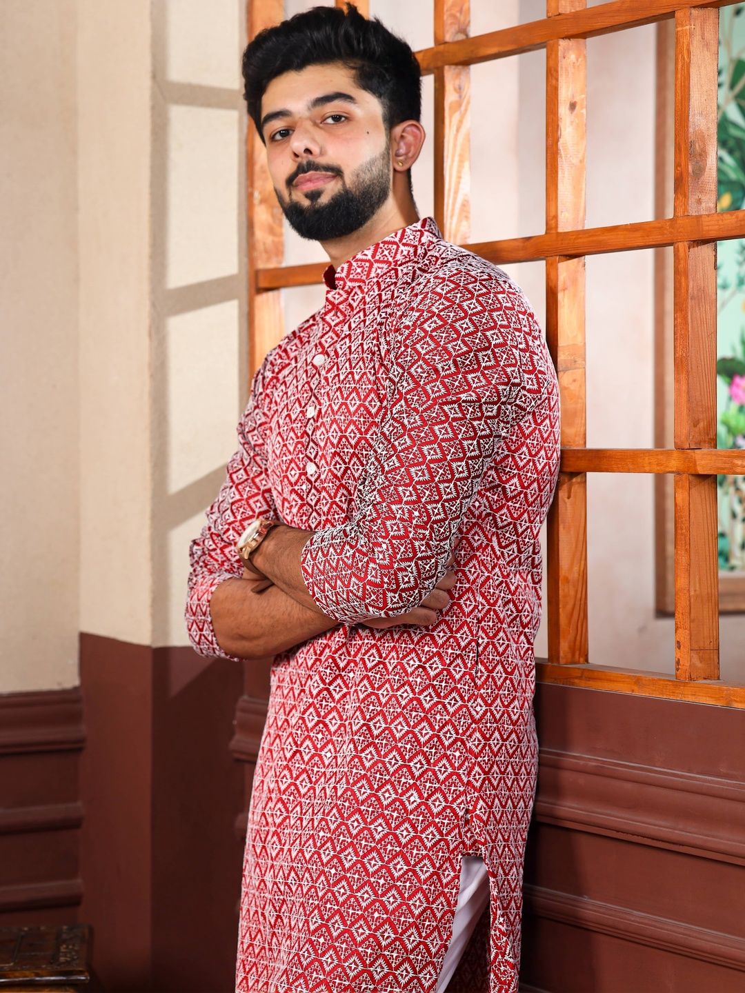 ALMORA Men Geometric Printed Thread Work Handloom Kurta