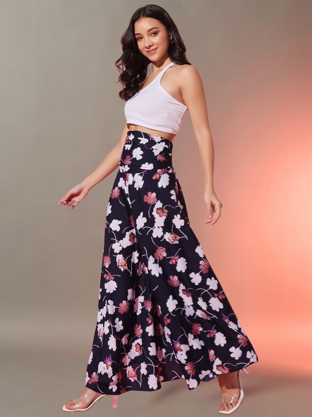 CORSICA Women Floral Printed Flared High-Rise Wide Leg Regular Trousers