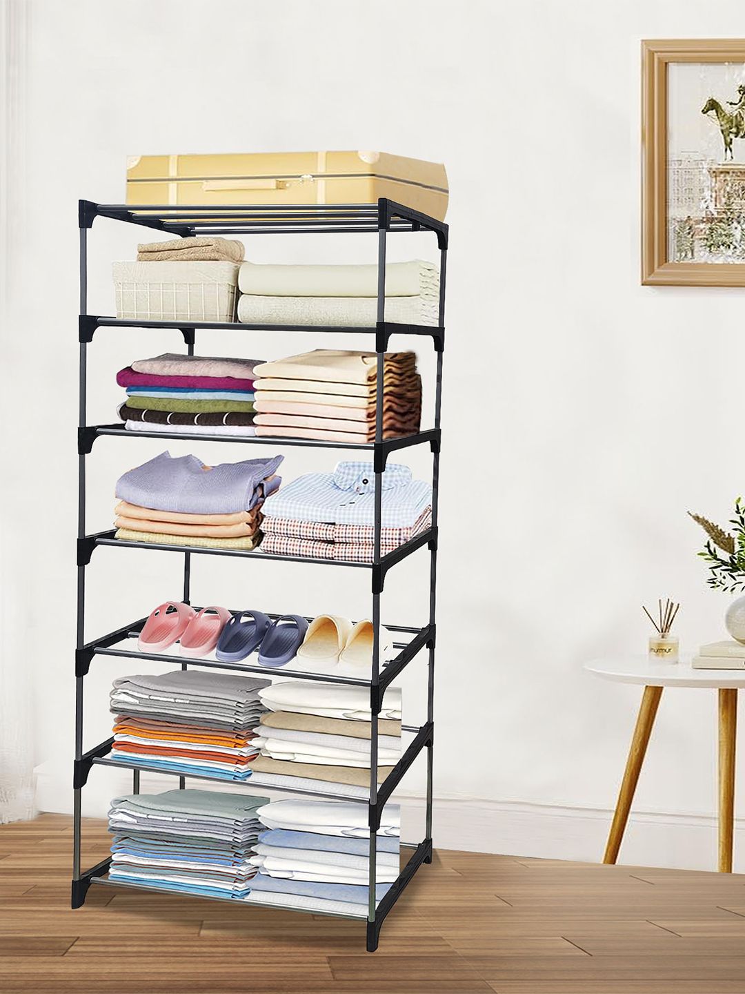 Rmerchants Black 7-Layer Metal Collapsible Wardrobe Rack