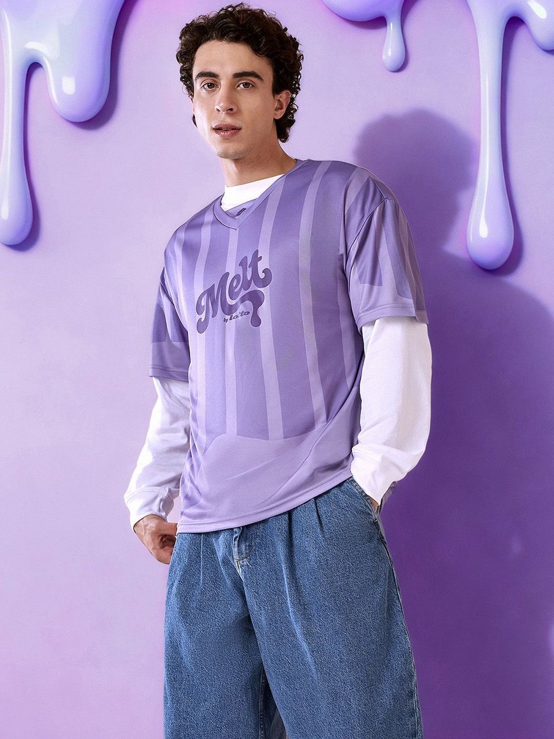 TYです Buy Lotto Men Typography Striped V-Neck T-shirt - Tshirts for Men