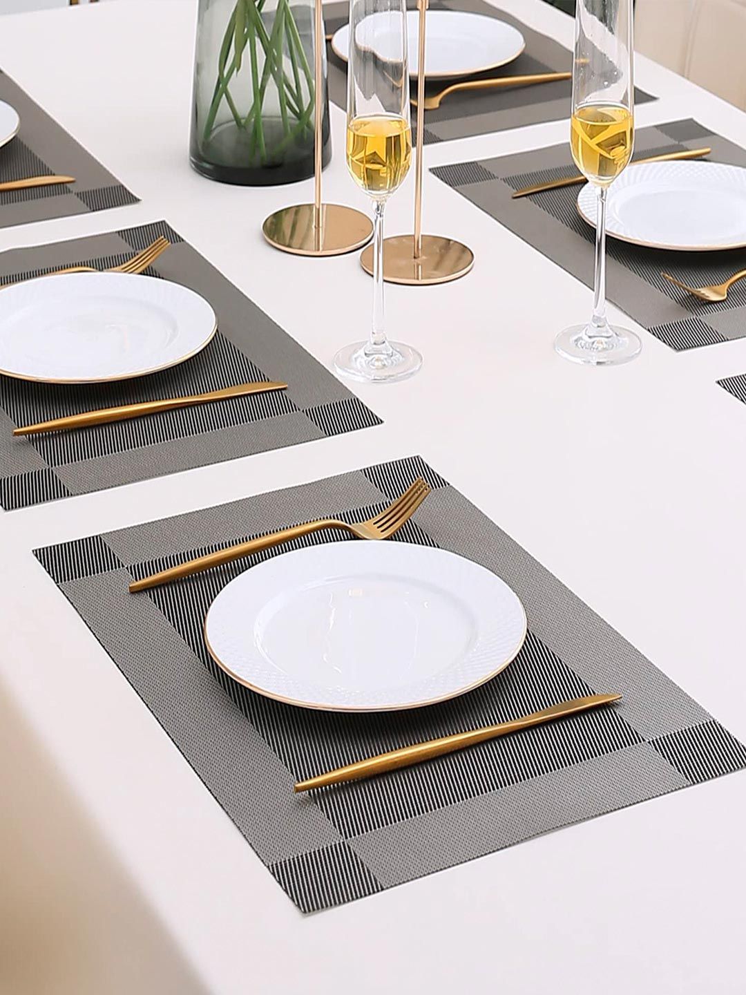 HOKIPO Set Of 6 Silver Textured & Colourblocked Heat Resistant Table PVC Placemats
