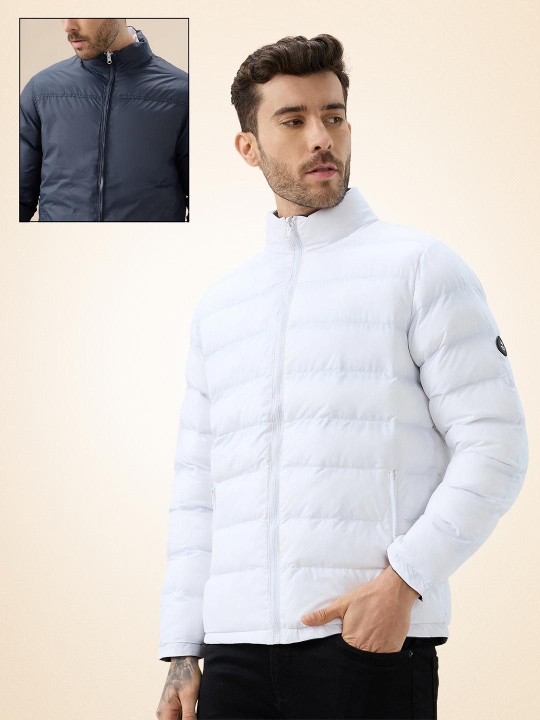 Status Quo Men Stand Collar Solid Reversible Puffer Jacket