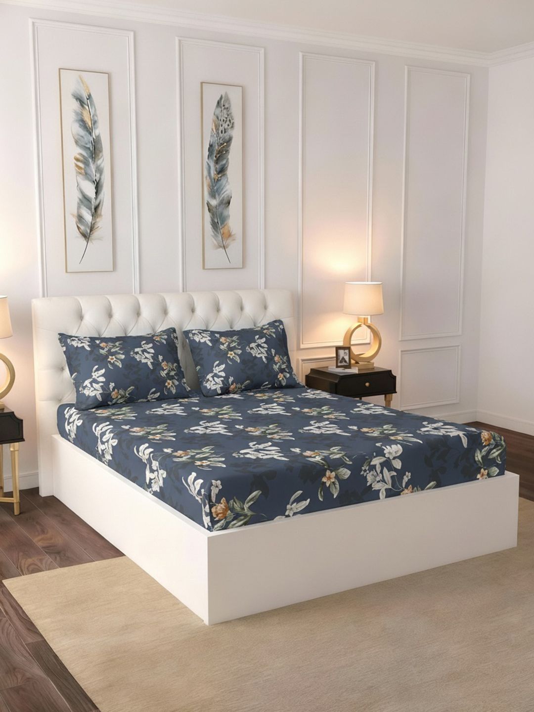 Raymond Home Navy Blue Floral 100 TC King Bedsheet with 2 Pillow Covers