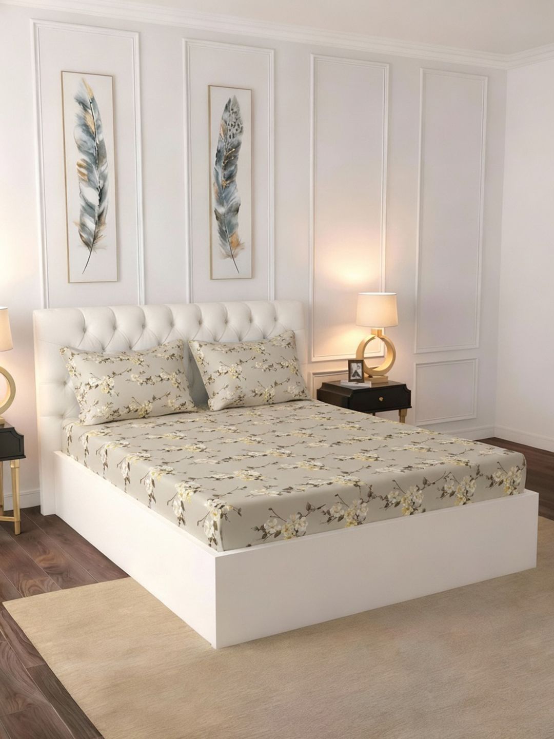 Raymond Home Grey Floral 100 TC King Bedsheet with 2 Pillow Covers