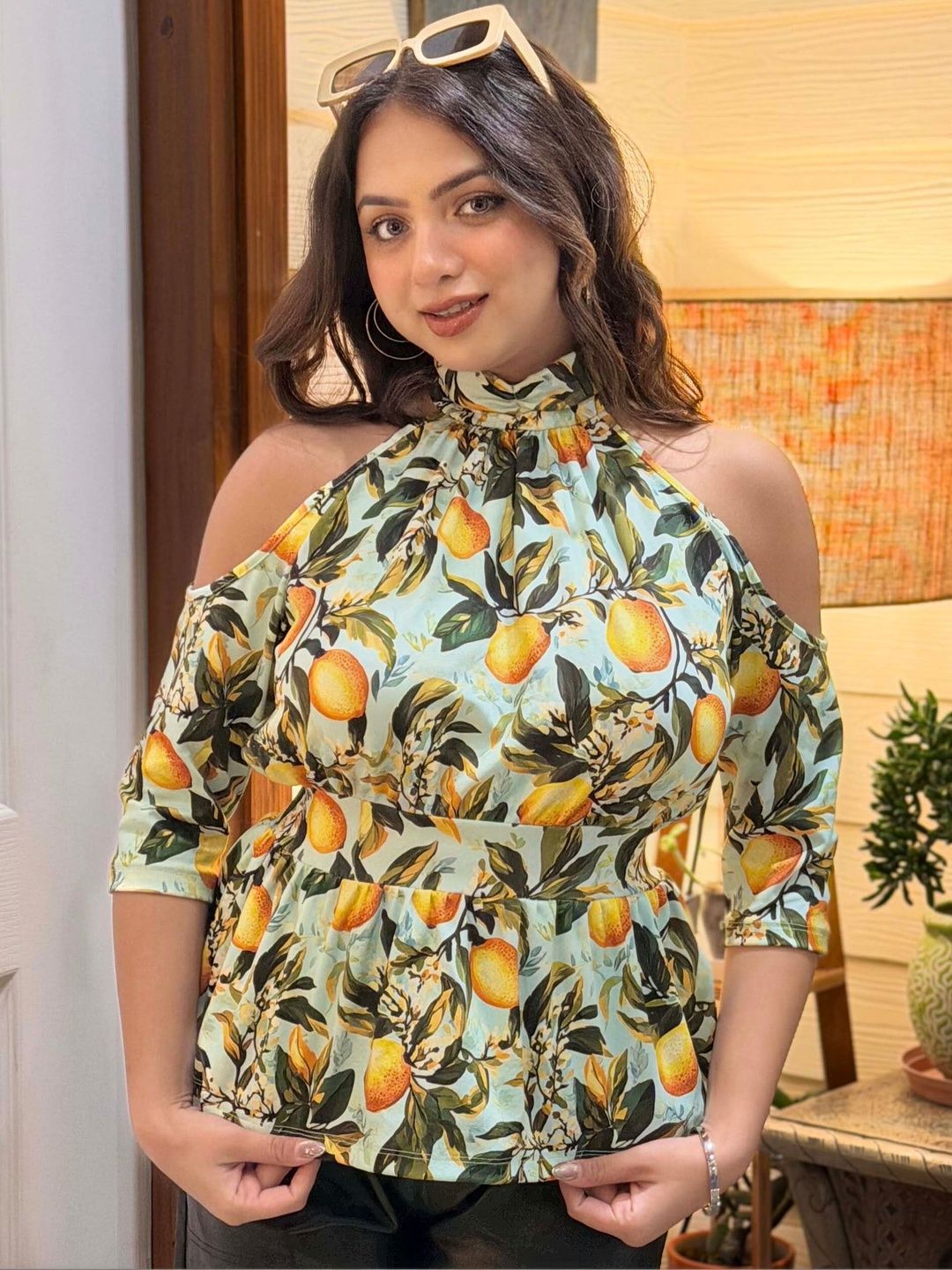BAESD Tropical Print Cold-Shoulder Tropical Peplum Top