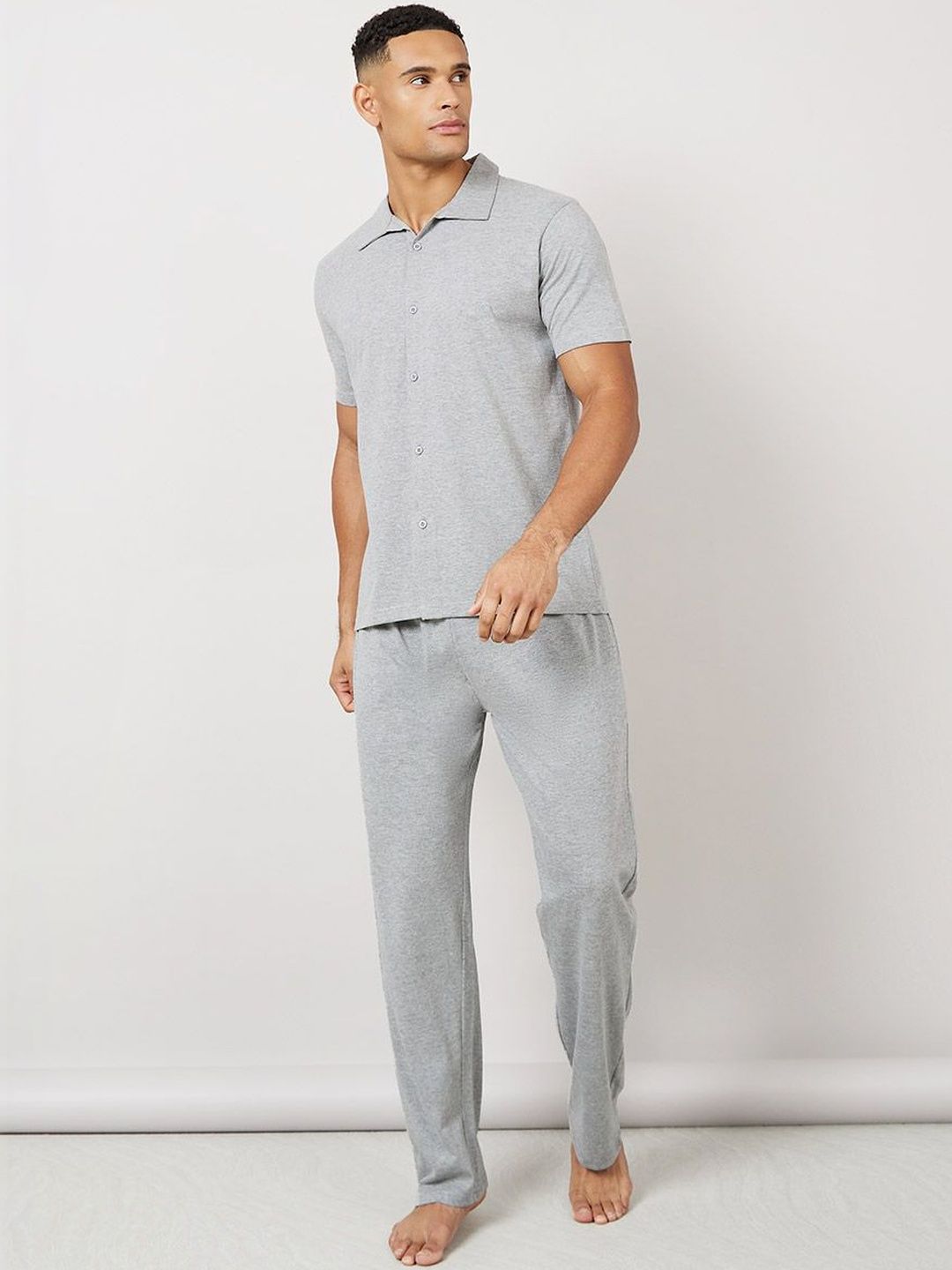 Styli Men Solid Collared Short Sleeve Shirt & Pyjama Night Suit