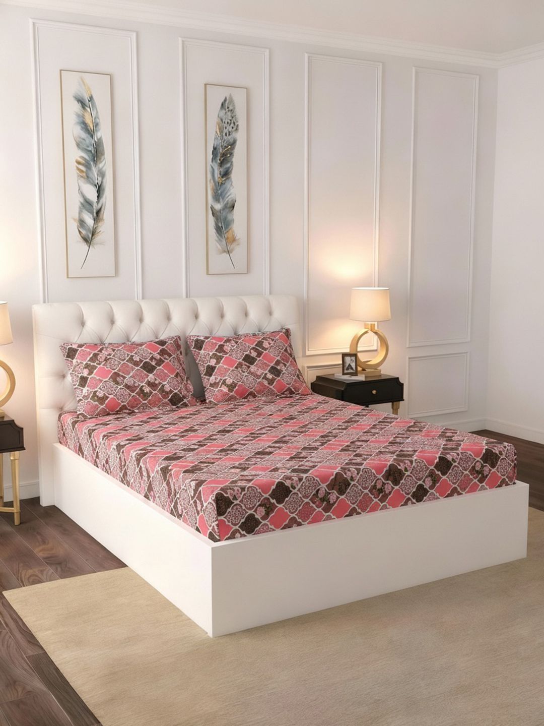 INSIGNIA Raymond Home Pink & Brown Geometric 100 TC King Bedsheet with 2 Pillow Covers