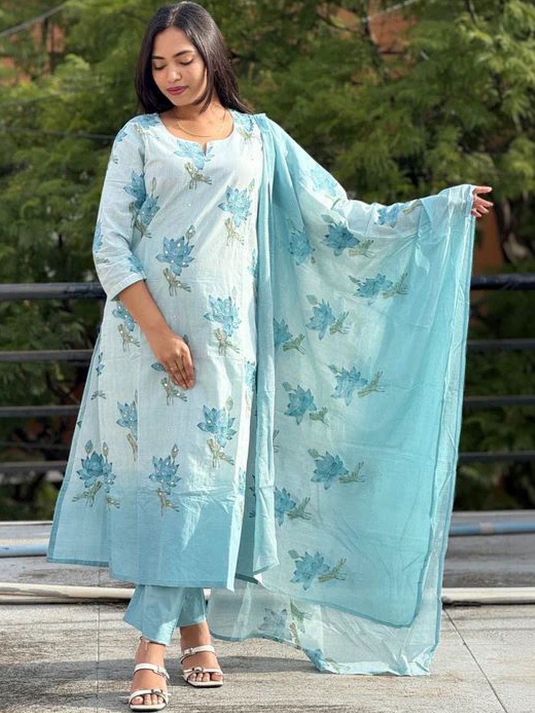 Moda Rapido Women Floral Printed Regular Chanderi Cotton Kurta with Trousers & With Dupatta