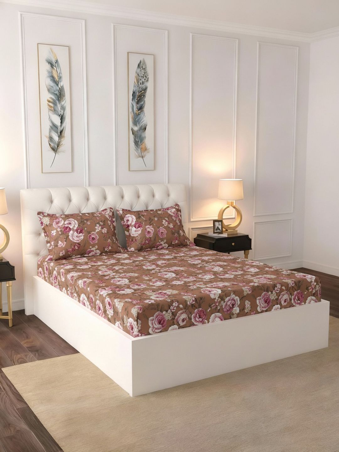 Raymond Home Raymond Home Brown Floral 100 TC Bedsheet with 2 Pillow Covers