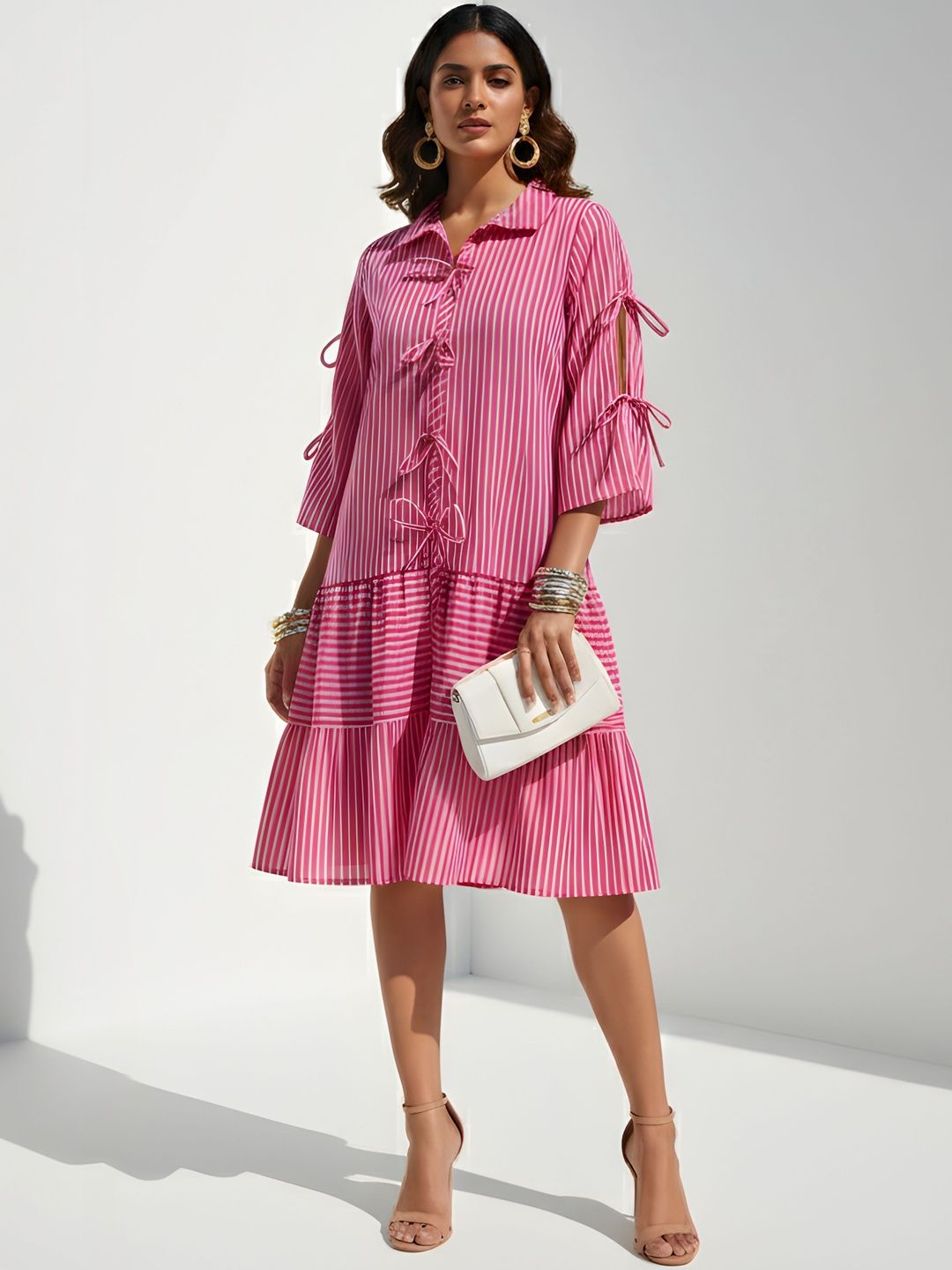 Striped A-Line Midi Slit Sleeve Dress Dora Dori Striped Slit Sleeve A-Line Midi Dress