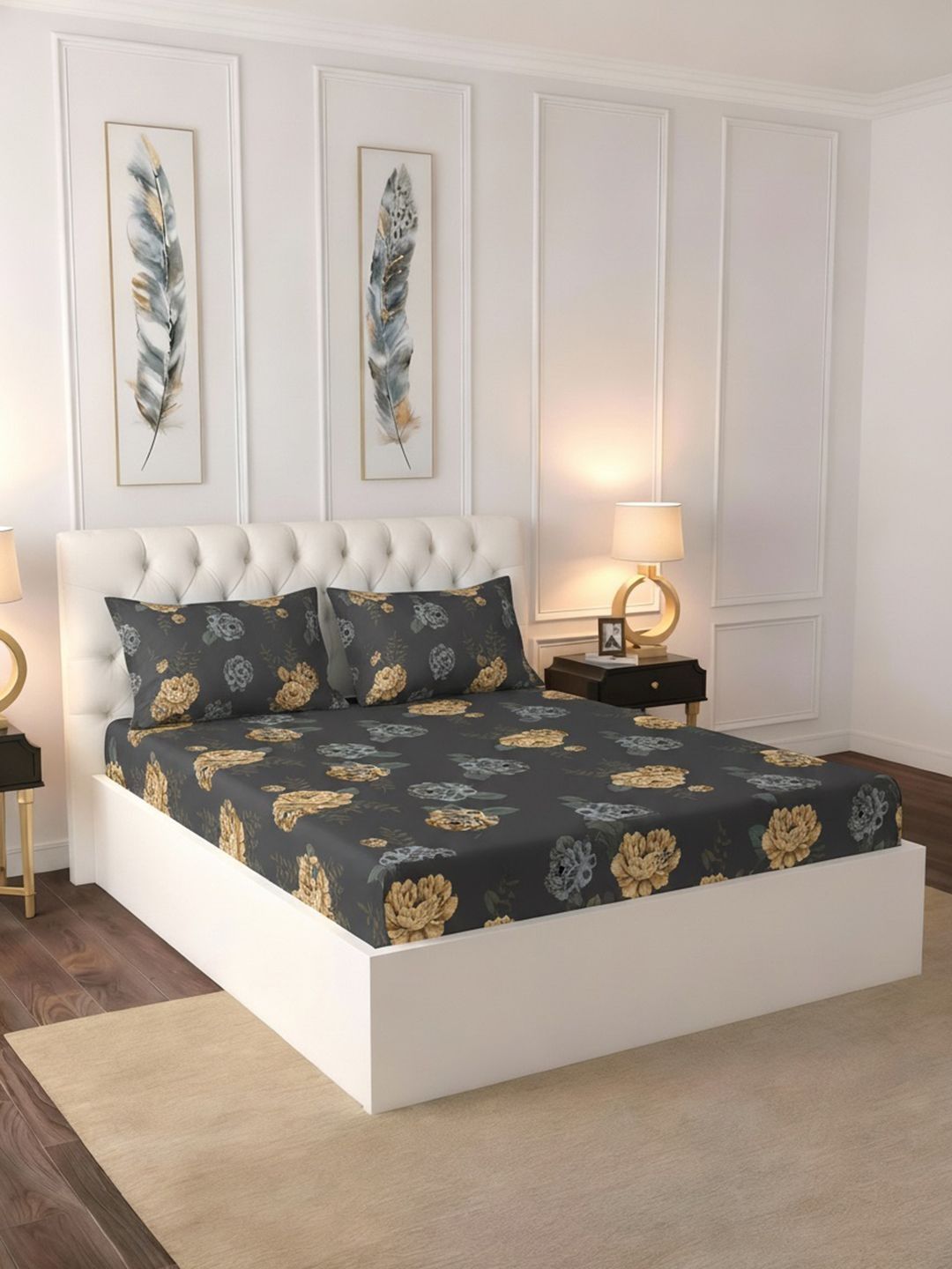 Raymond Home Raymond Home Charcoal Floral 100 TC Queen Bedsheet with 2 Pillow Covers