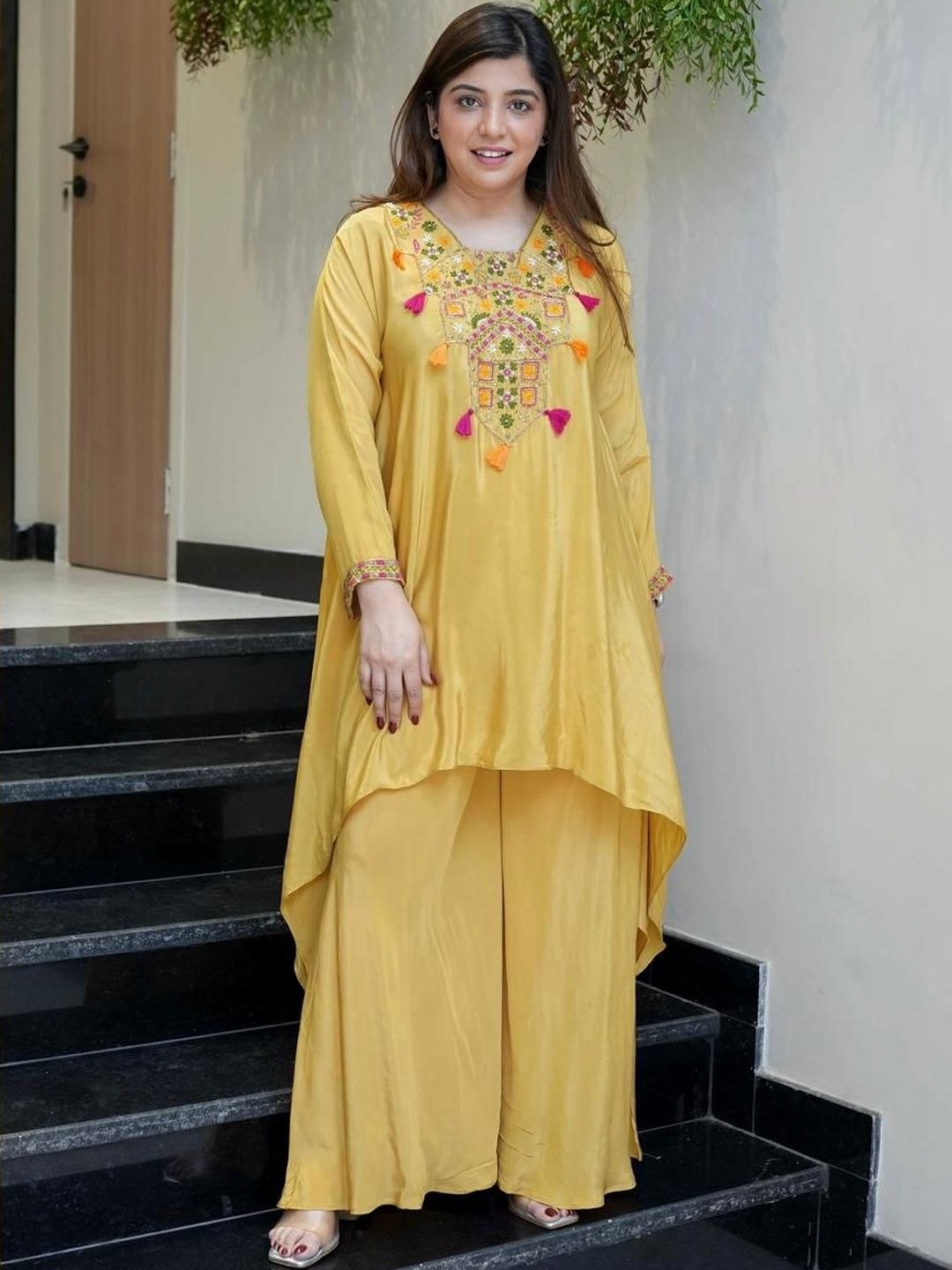 Growdamy Yellow Embroidered Tunic & Palazzos Co-Ords