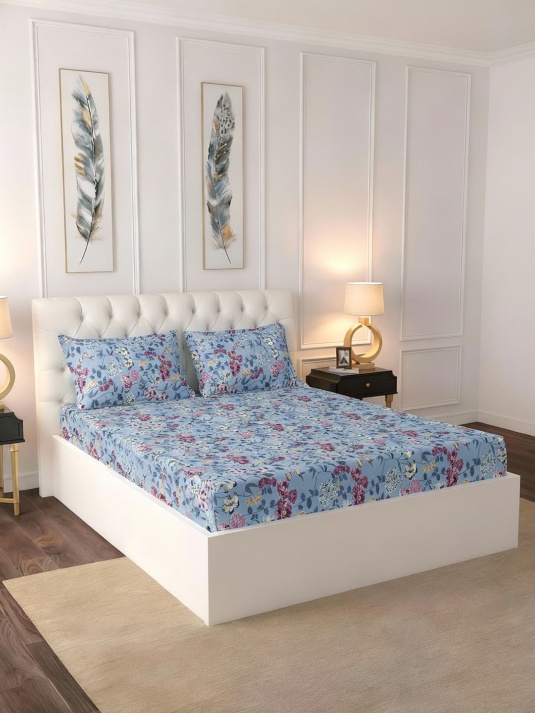 Raymond Home Raymond Home Blue Floral 100 TC King Bedsheet with 2 Pillow Covers
